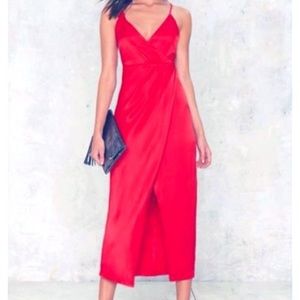 Red Satin dress with slit, size 6, Bardot.